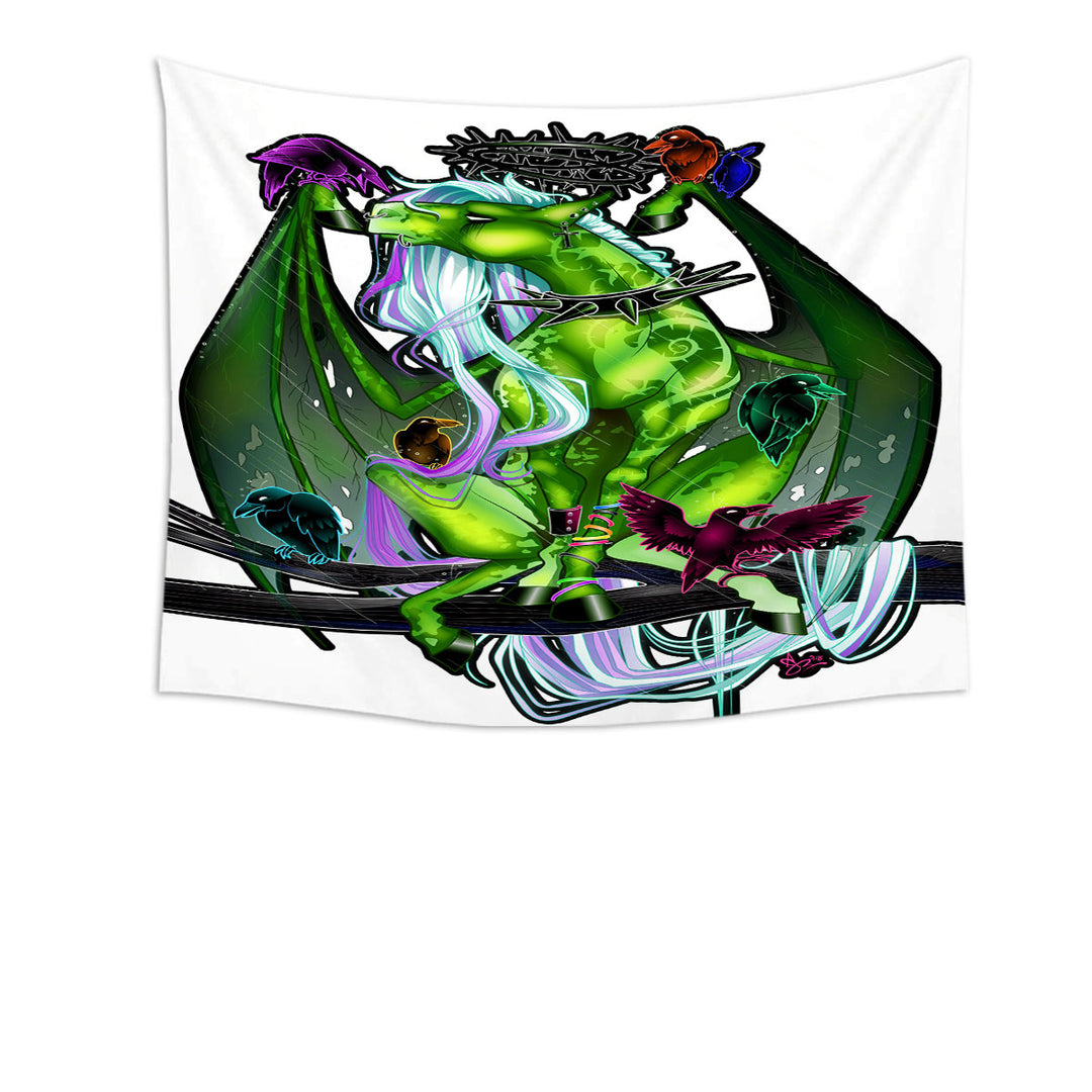 Fantasy Art Wall Hanging Tapestry Green Dragon and Crows