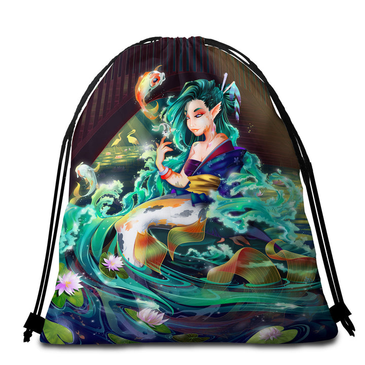 Fantasy Art Water Lily River Koi and Mermaid Beach Towel Bags