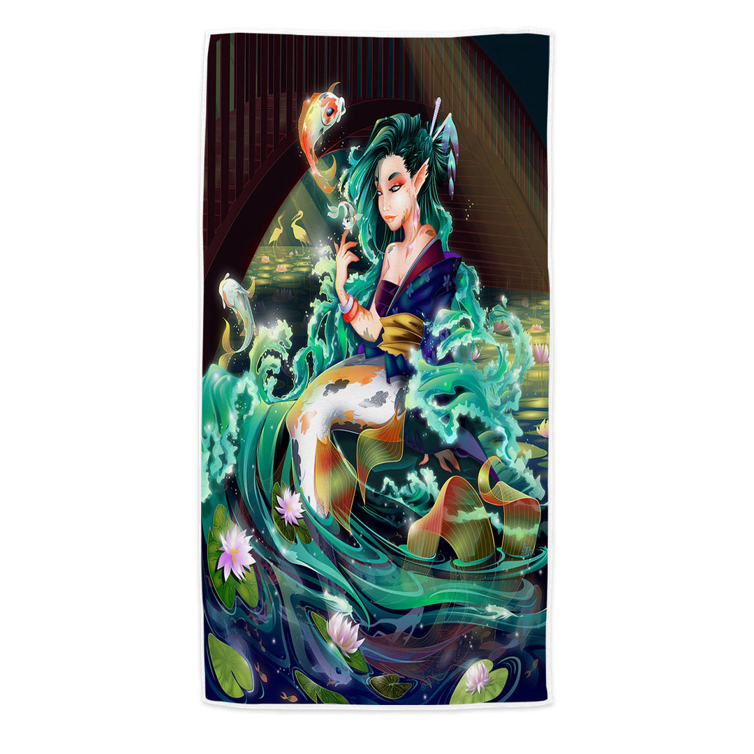 Fantasy Art Water Lily River Koi and Mermaid Pool Towel Microfiber