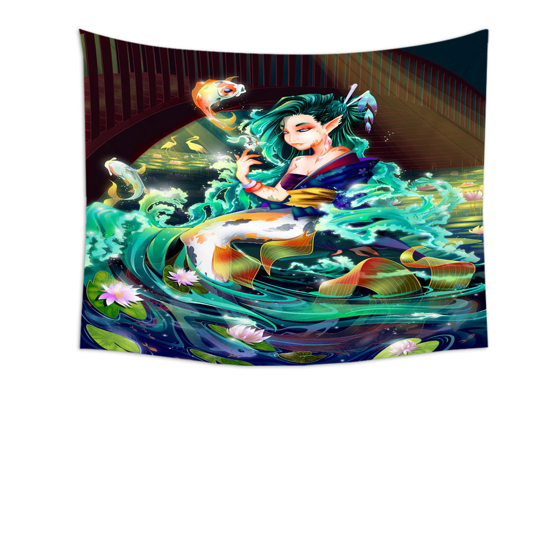 Fantasy Art Water Lily River Koi and Mermaid Printed Tapestry Wall Decor