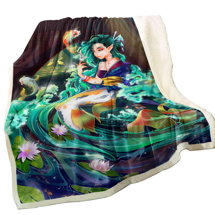 Fantasy Art Water Lily River Koi and Mermaid Throws Trendy