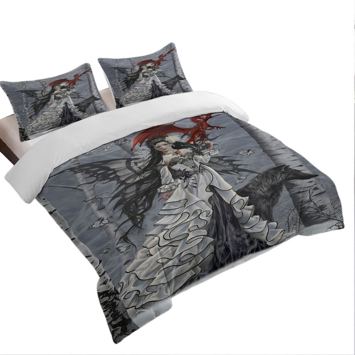 Fantasy Art Winter Fairy and Her Wolf and Dragon Bed Covers