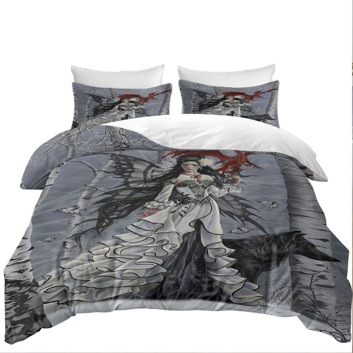 Fantasy Art Winter Fairy and Her Wolf and Dragon Best Duvet Covers