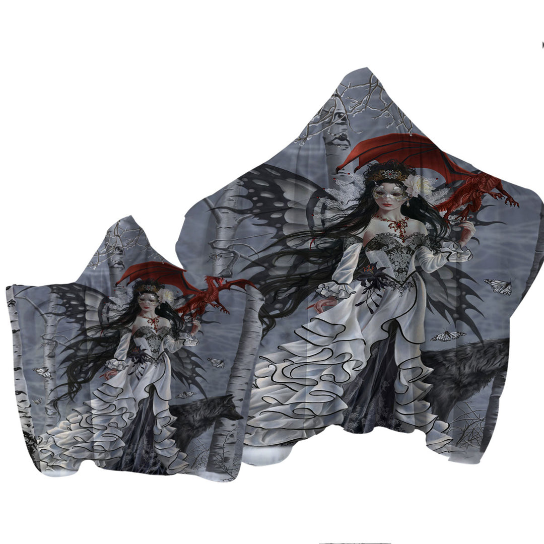 Fantasy Art Winter Fairy and Her Wolf and Dragon Hooded Beach Towel