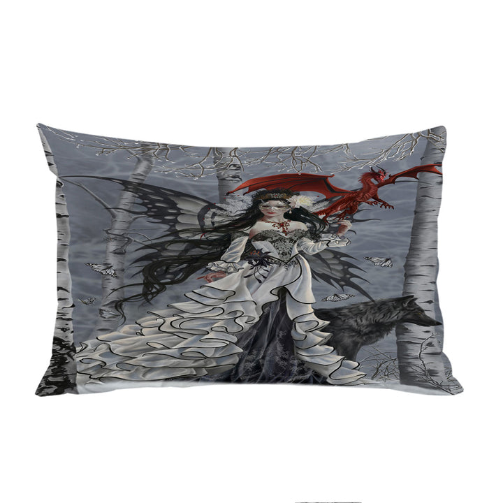 Fantasy Art Winter Fairy and Her Wolf and Dragon King Pillow Cases