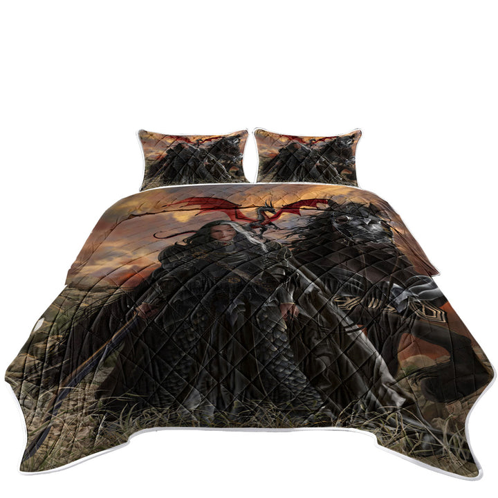 Fantasy Art the Black Knight with His Horse and Dragon Coverlet