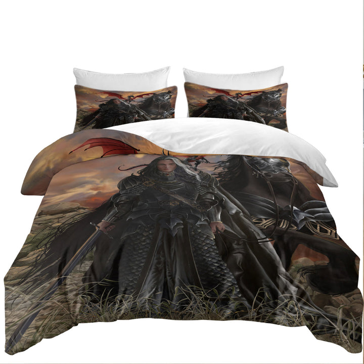 Fantasy Art the Black Knight with His Horse and Dragon Duvet Covers