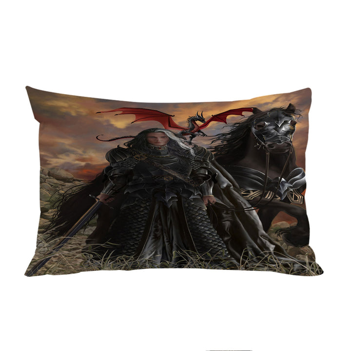 Fantasy Art the Black Knight with His Horse and Dragon Pillow Cases