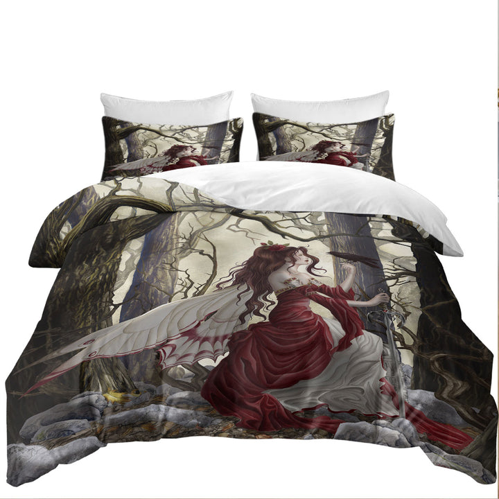 Fantasy Art the Red Fairy and Her Crow Duvet Cover