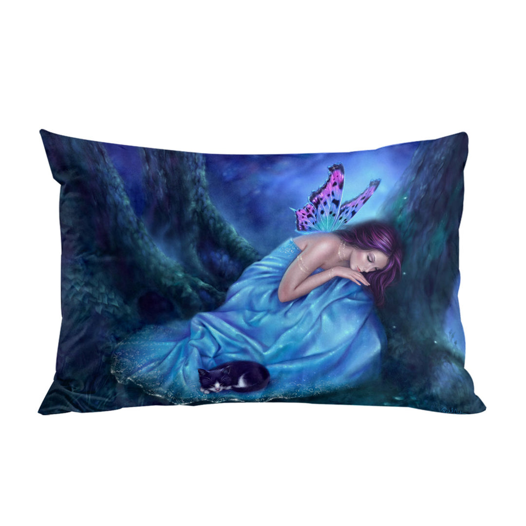 Fantasy Artwork Serenity Sleeping Cat and Butterfly Girl Pillow Cases