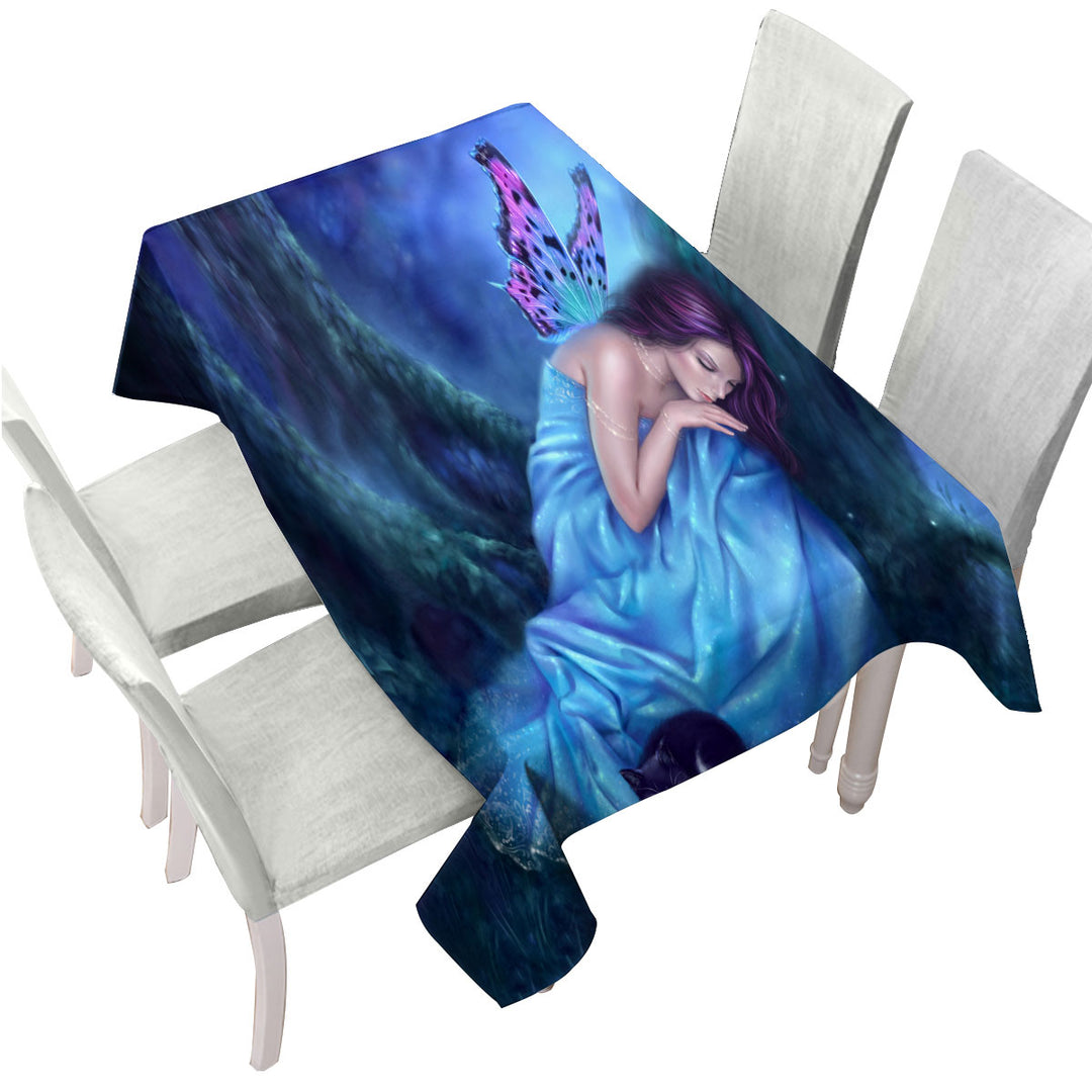 Fantasy Artwork Serenity Sleeping Cat and Butterfly Girl Tablecloth