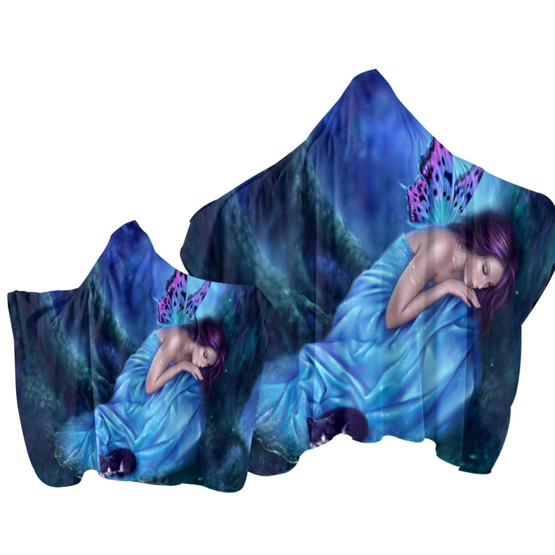 Fantasy Artwork Serenity Sleeping Cat and Butterfly Girl Towel with Hood