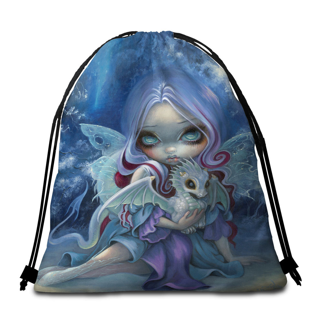 Fantasy Beach Towel Bags Art Gorgeous Fairy and Wintry Dragonling