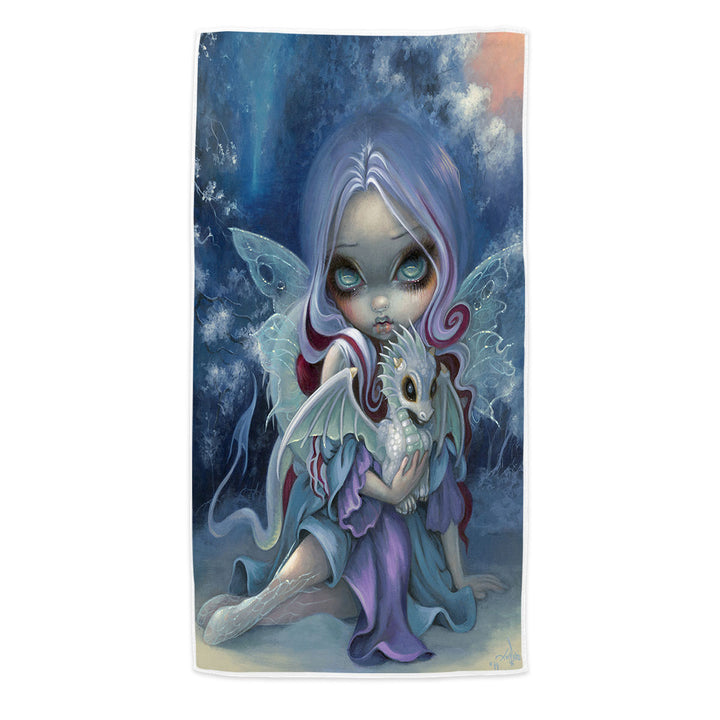 Fantasy Beach Towels Art Gorgeous Fairy and Wintry Dragonling