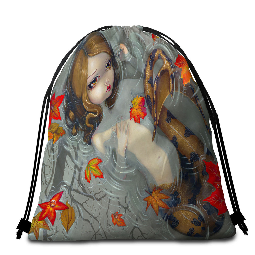 Fantasy Beach Towels and Bags Set Art Autumn Mermaid and Leaves