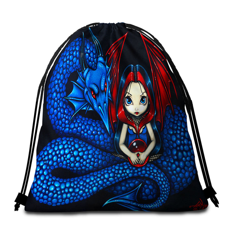 Fantasy Blue Serpent Dragon and Fairy Beach Towel Bags