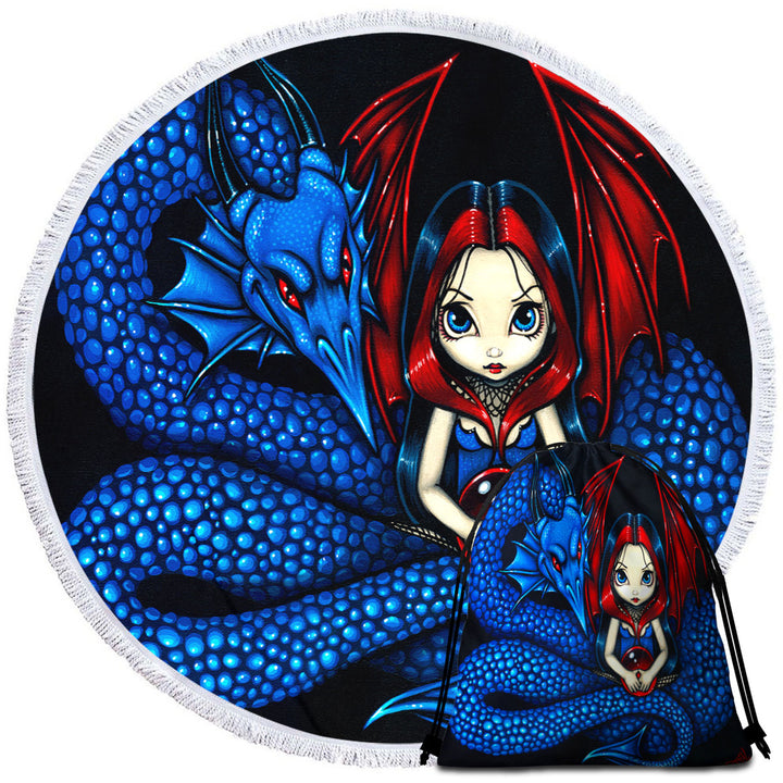 Fantasy Blue Serpent Dragon and Fairy Cool Beach Towels for Girls