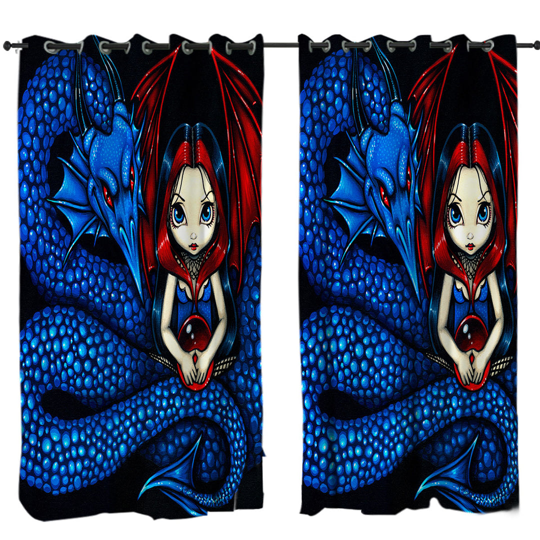 Fantasy Blue Serpent Dragon and Fairy Eyelet Curtains