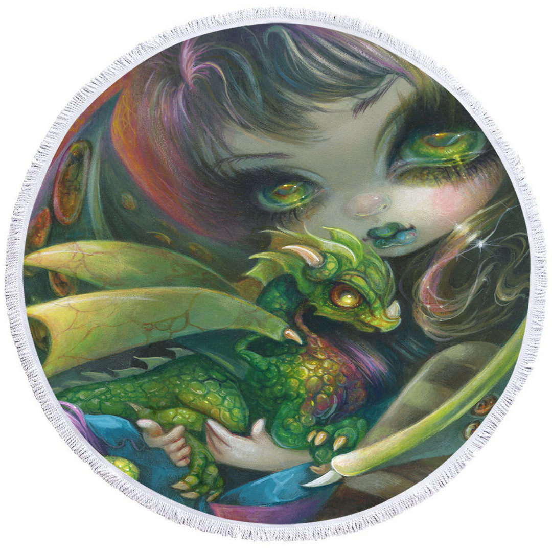 Fantasy Circle Beach Towel Art Painting Darling Dragonling and Fairy