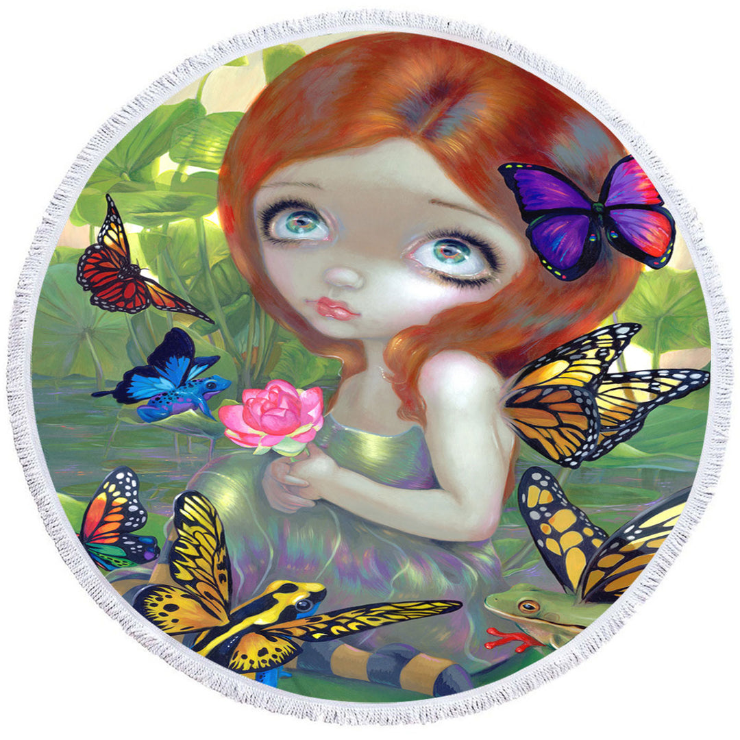 Fantasy Circle Beach Towel Girl Butterfly Frog Daydreams and Frogs