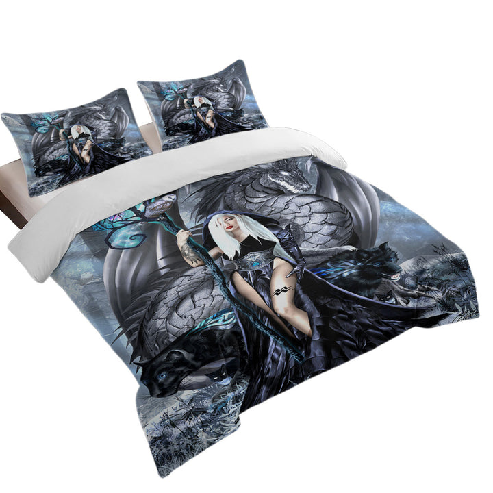 Fantasy Digital Art Aquarius Witch and Dragon Duvet Covers