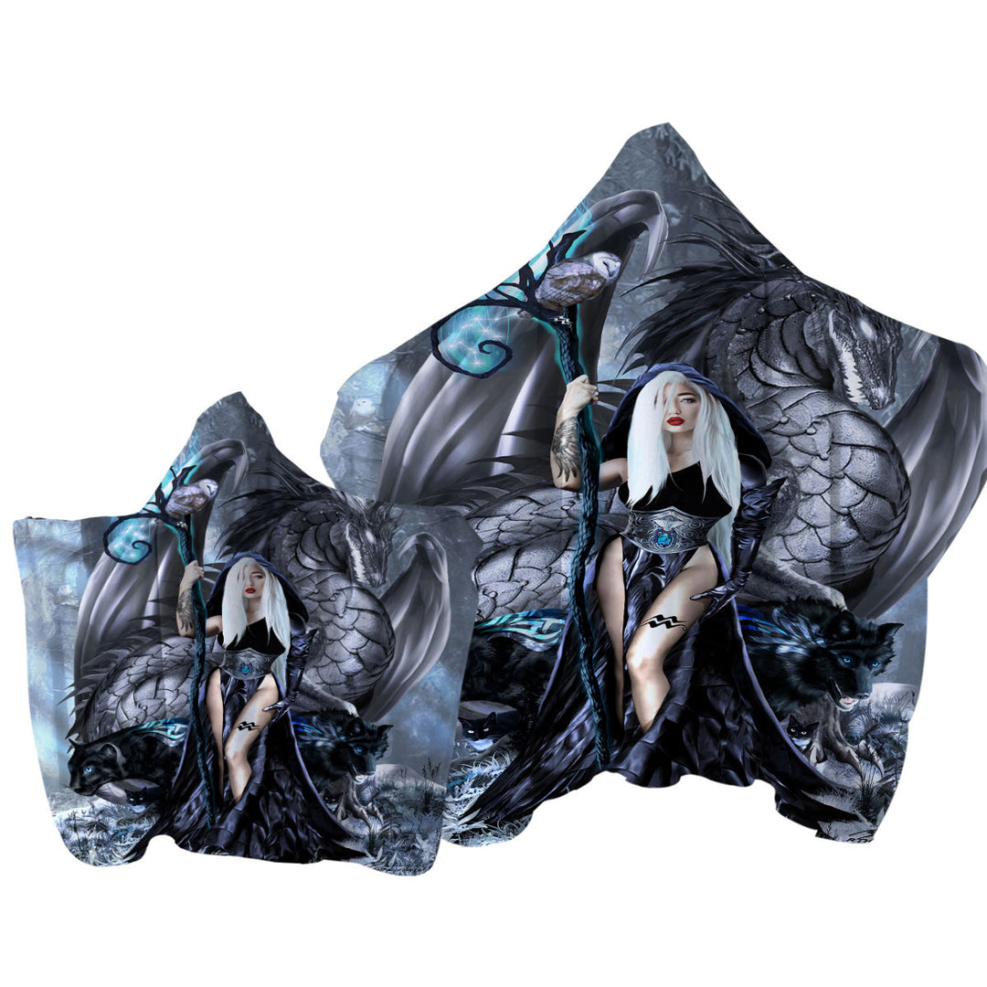 Fantasy Digital Art Aquarius Witch and Dragon Hooded Beach Towel