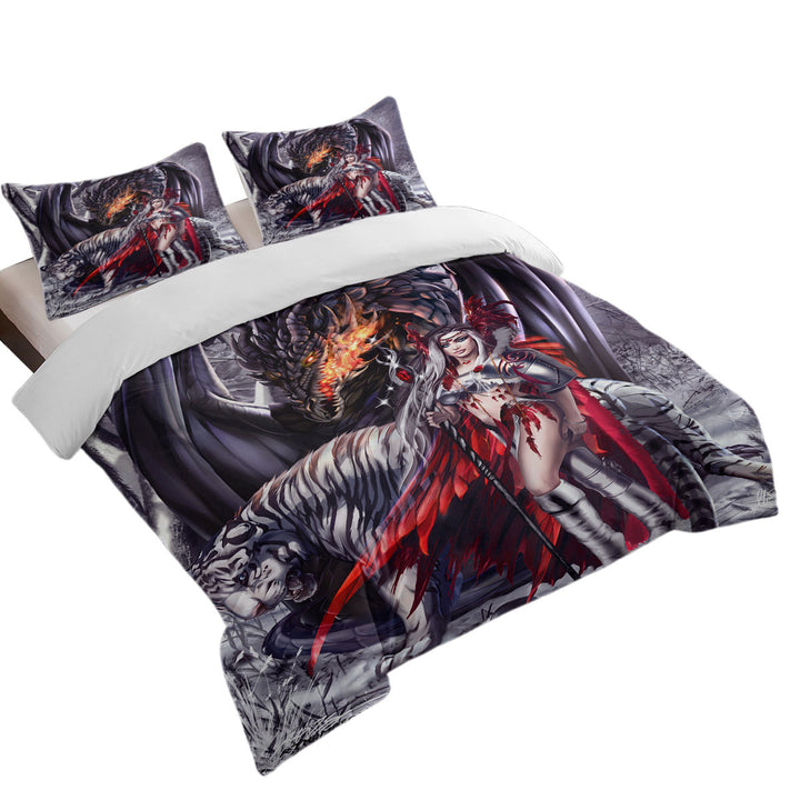 Fantasy Dragon Tiger and Beautiful Girl Warrior Duvet Cover Queen