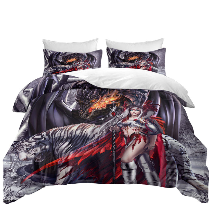 Fantasy Dragon Tiger and Beautiful Girl Warrior Duvet Covers King