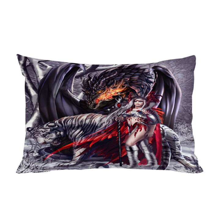 Fantasy Dragon Tiger and Beautiful Girl Warrior Pillow Cases