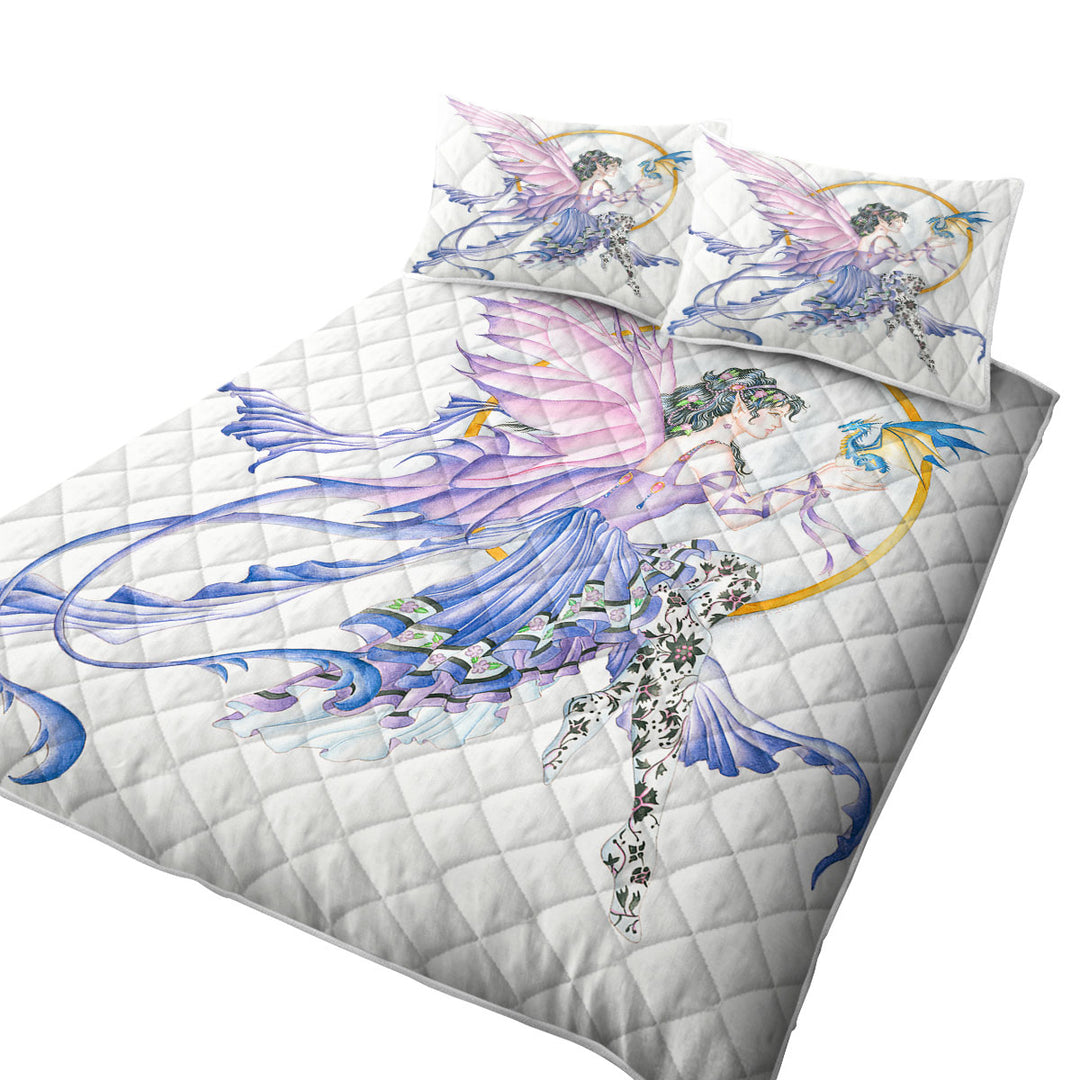 Fantasy Drawing Purplish Fairy and Little Dragon King Size Quilt