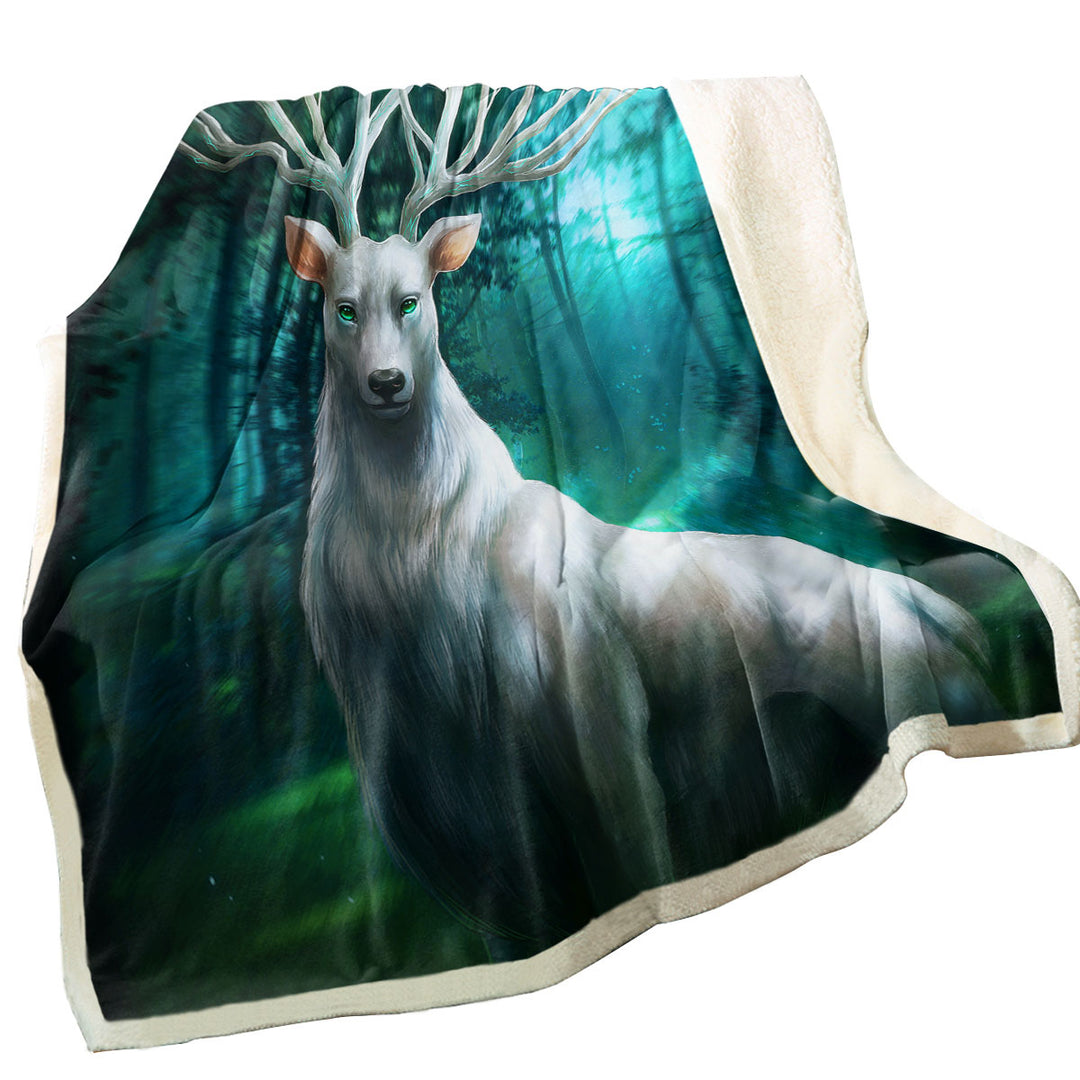 Fantasy Fleece Blankets with Animal Art Forest Deer God