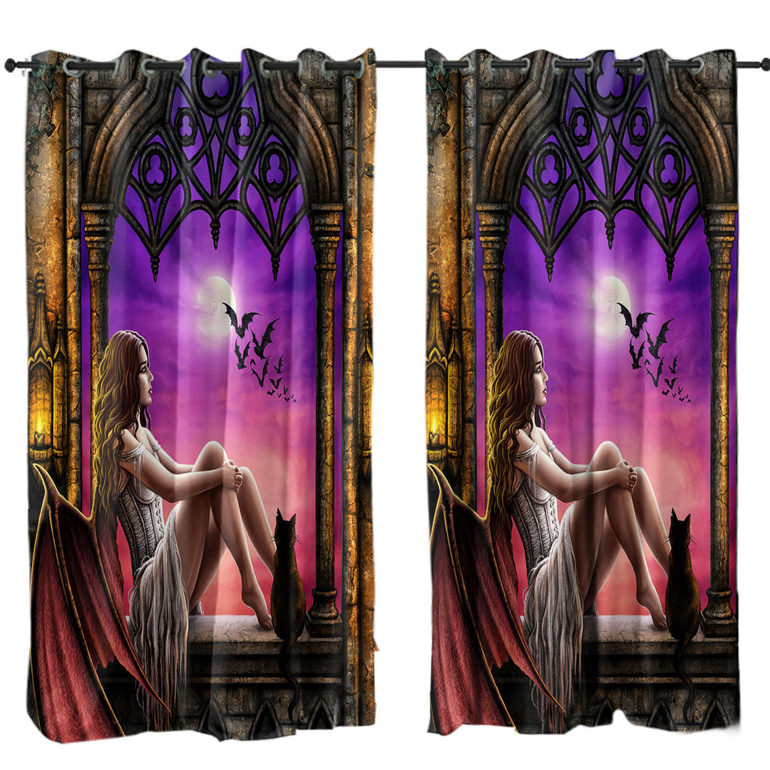 Fantasy Gothic Art Beautiful Dragon Angel Girl Window Curtains