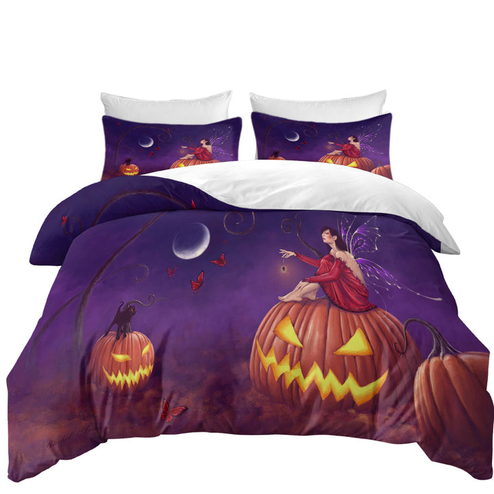 Fantasy Halloween Witch Fairy and Scary Pumpkins Duvet Cover Queen