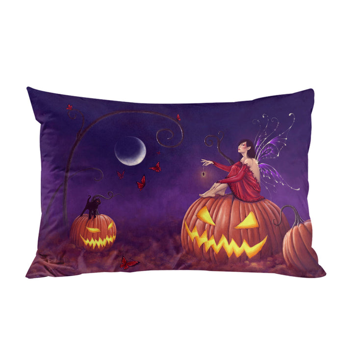 Fantasy Halloween Witch Fairy and Scary Pumpkins Pillow Case Covers