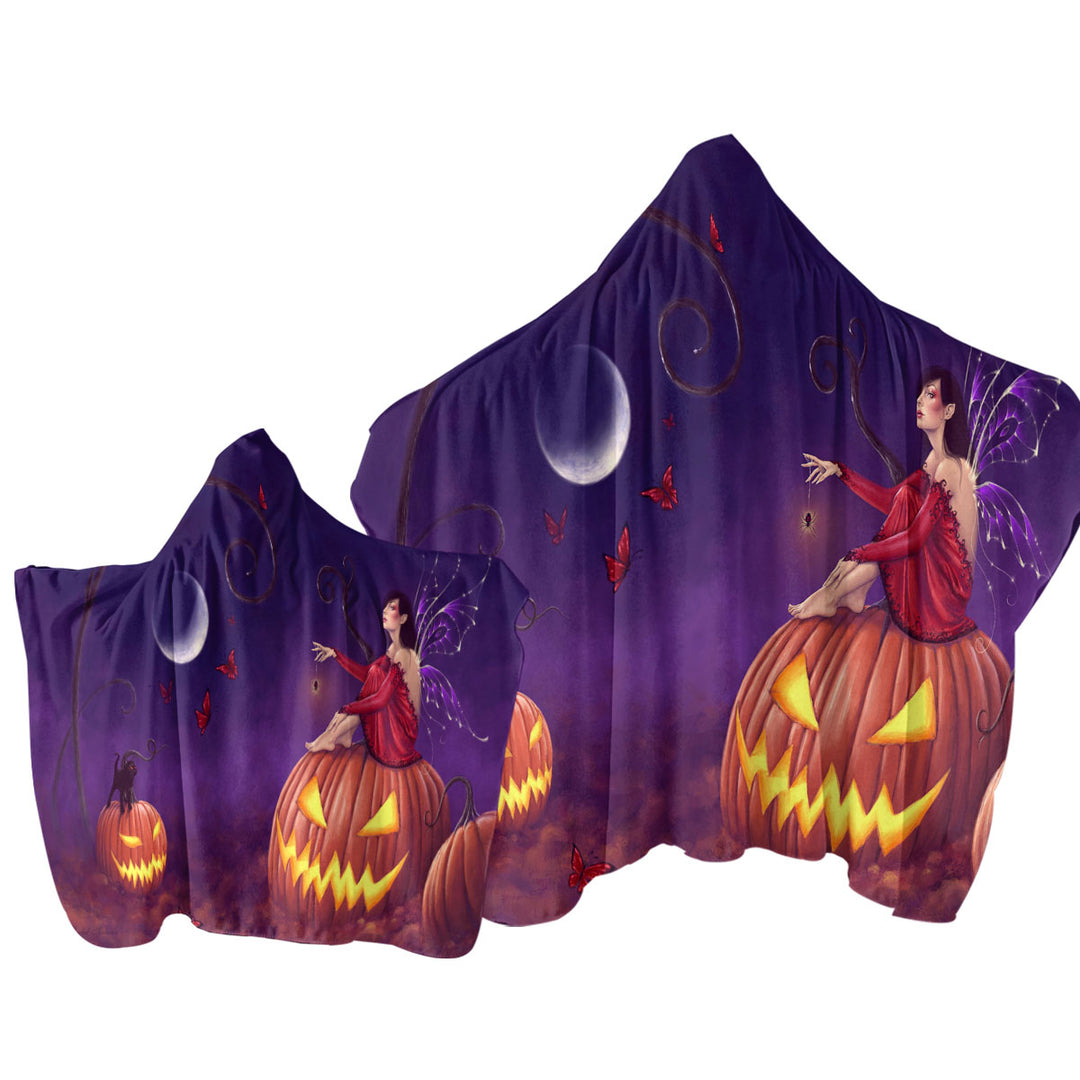 Fantasy Halloween Witch Fairy and Scary Pumpkins Towel with Hood