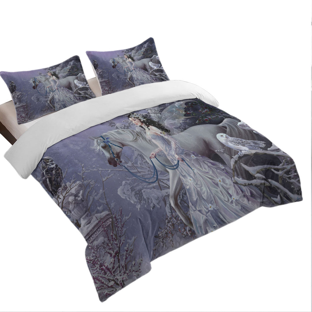 Fantasy Horse Owls and the Winter Wings Fairy Queen Size Duvet Cover