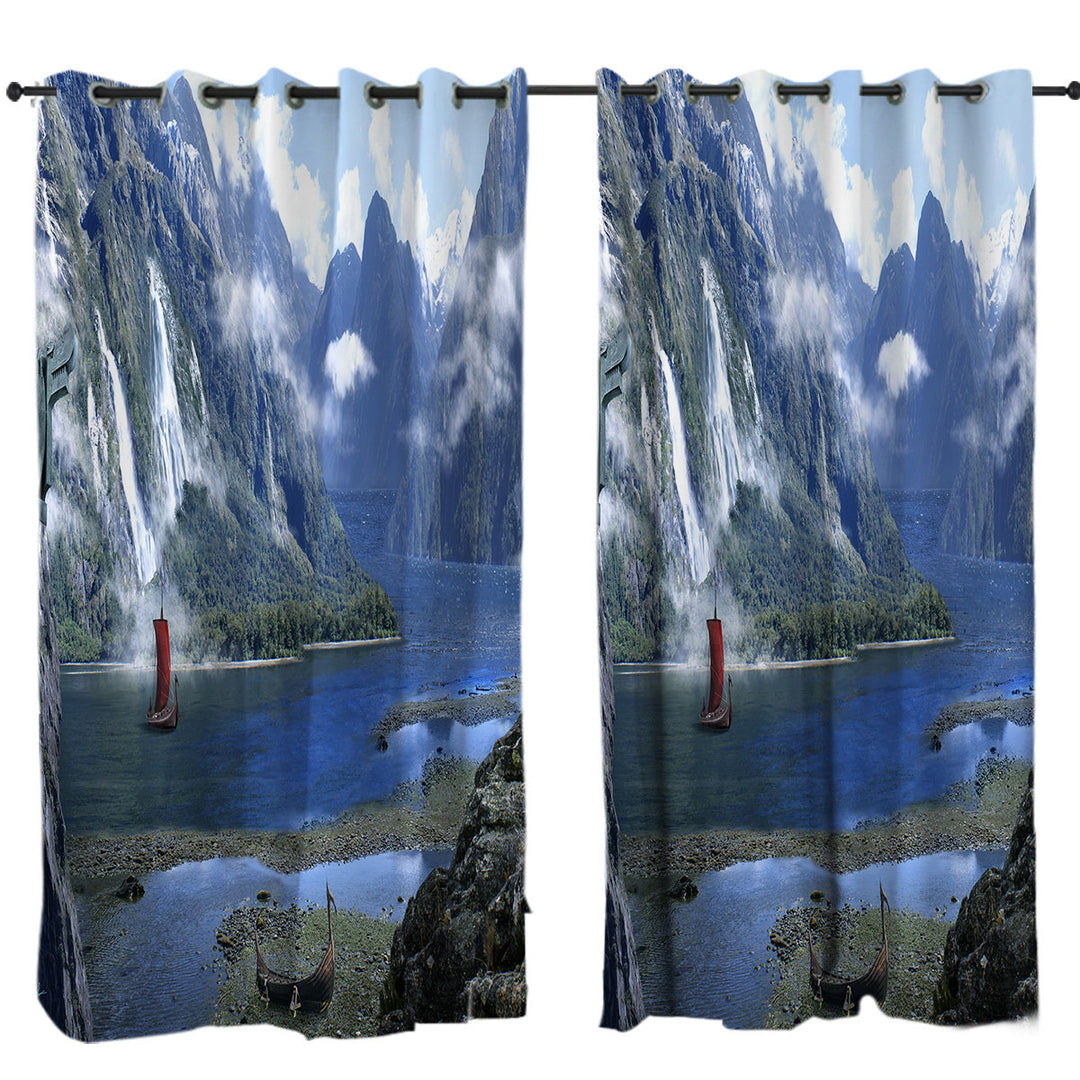 Fantasy Nature Artwork Viking Fjord Curtains for Living Room