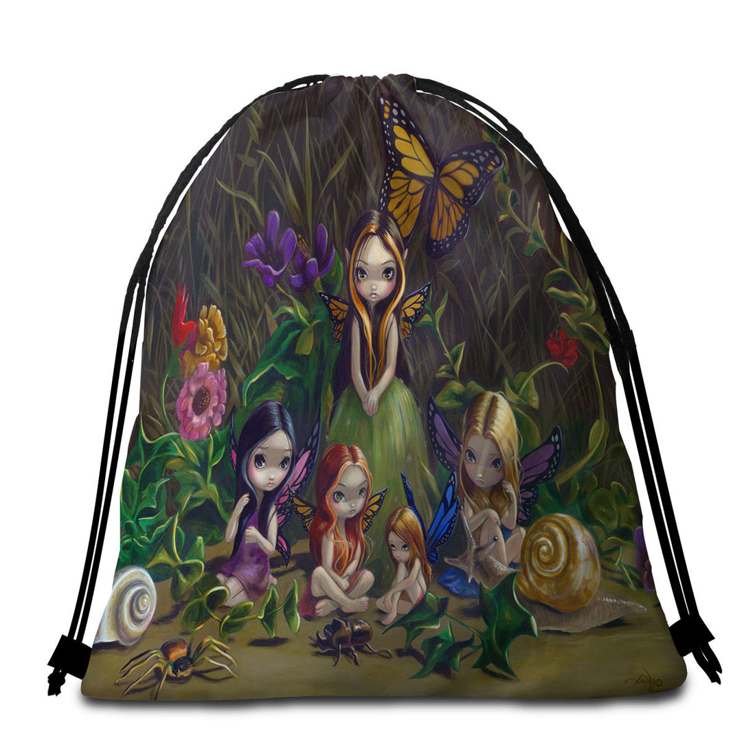 Fantasy Packable Beach Towel Art Forest Gathering of Faeries