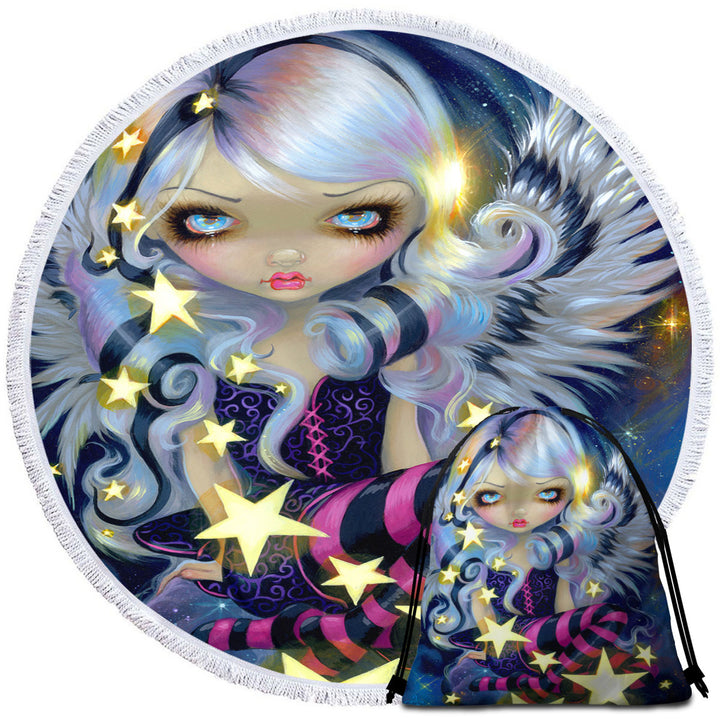 Fantasy Painting Angel of Starlight Round Beach Towel