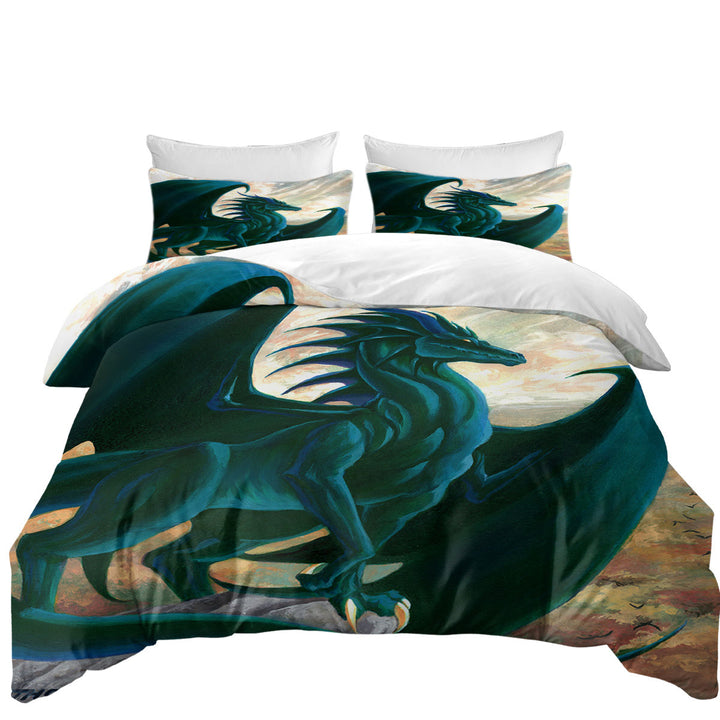 Fantasy Painting Green Dragon on Cliff Bed Covers