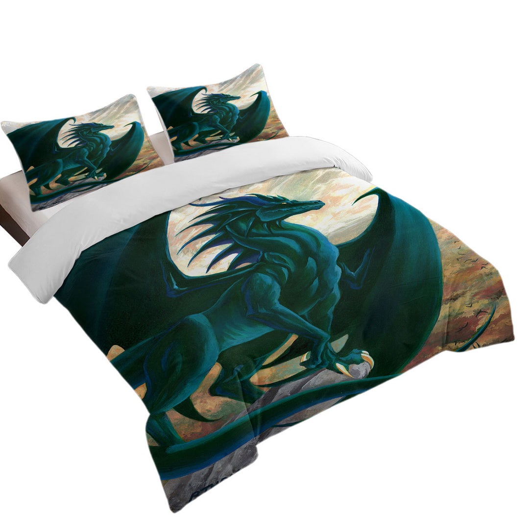 Fantasy Painting Green Dragon on Cliff King Quilt Cover