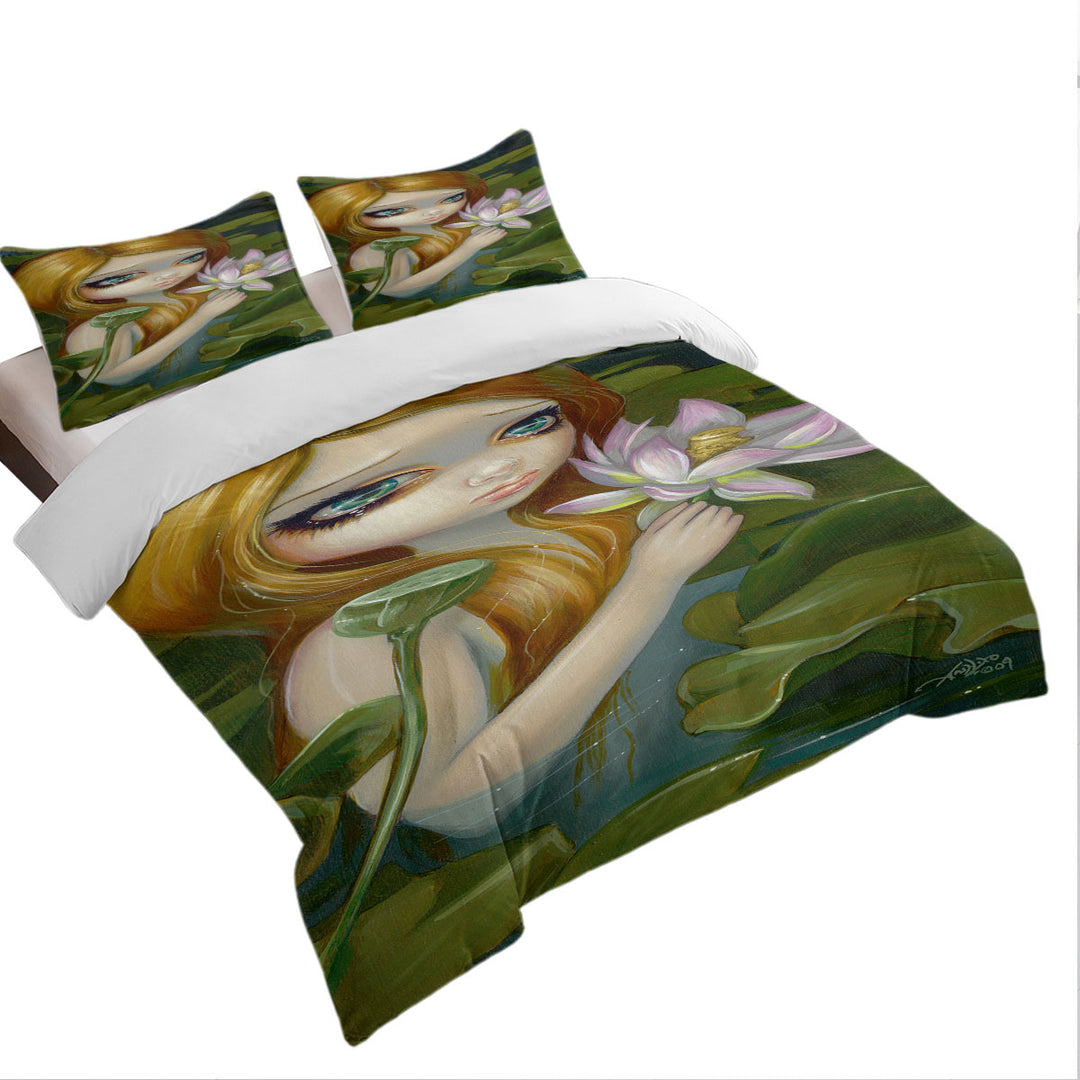 Fantasy Painting Mermaid Picking Lotus Blossoms Duvet Covers