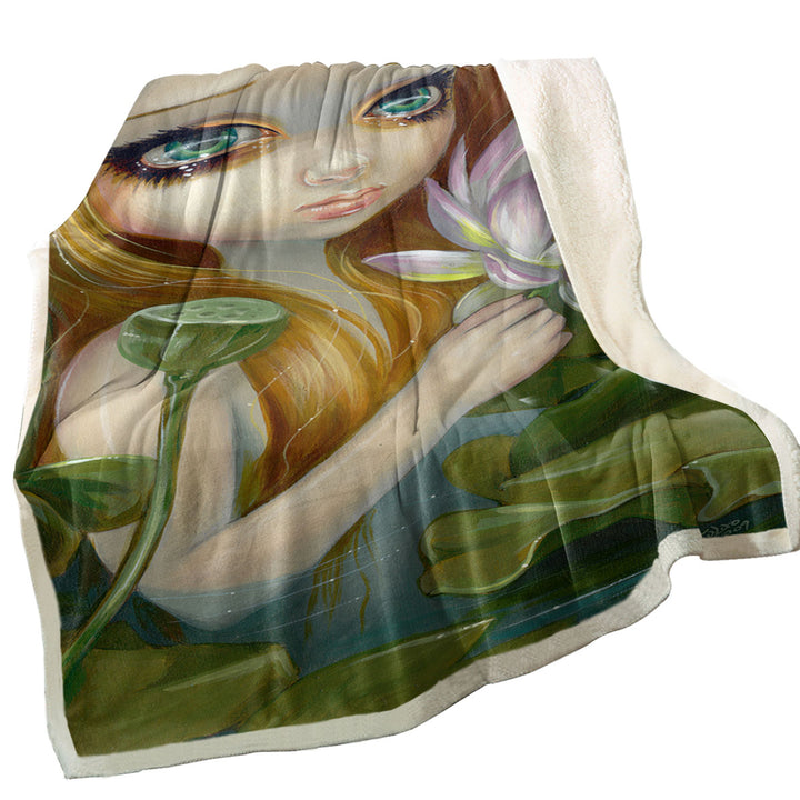 Fantasy Painting Mermaid Picking Lotus Blossoms Fleece Blankets