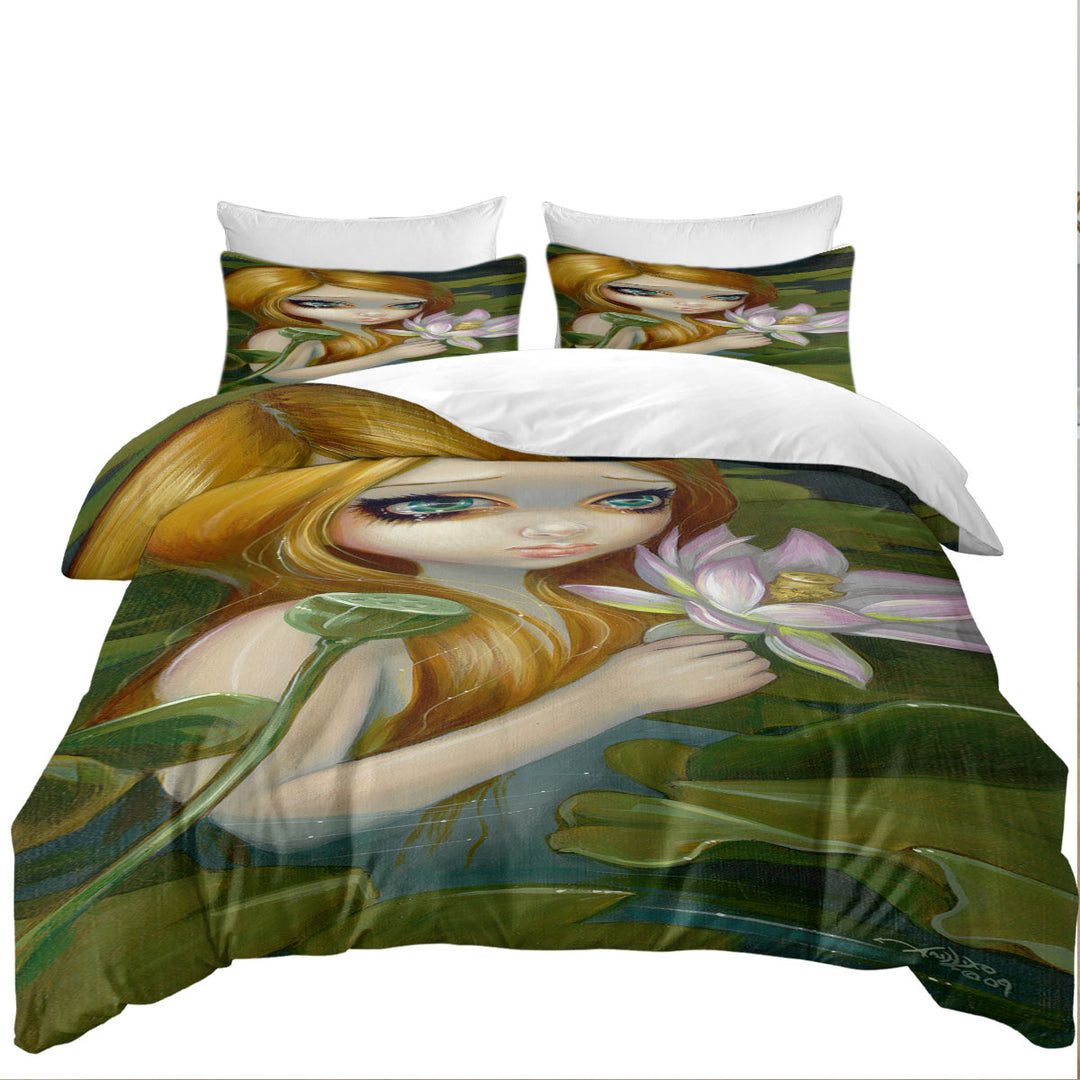 Fantasy Painting Mermaid Picking Lotus Blossoms Quilt Cover