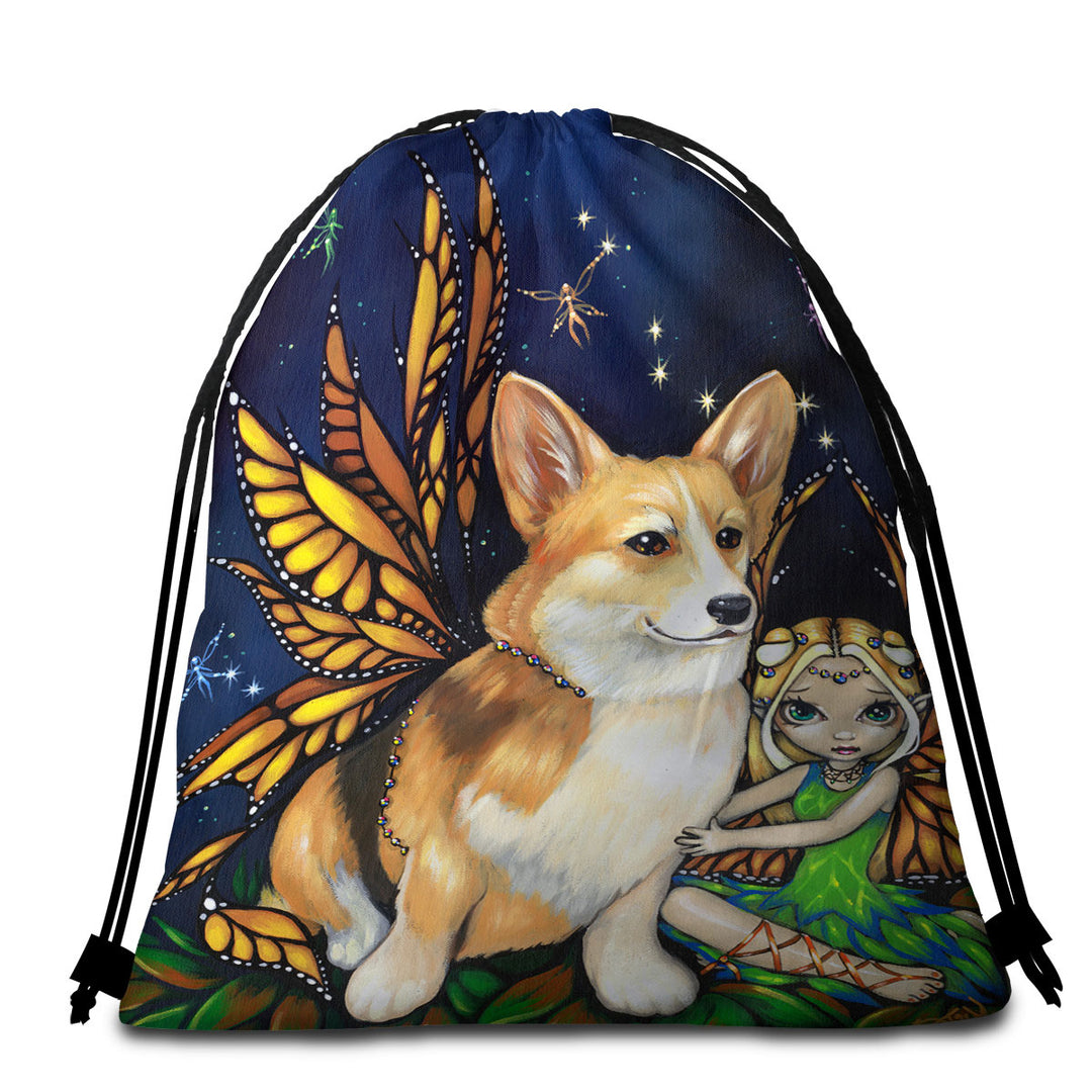 Fantasy Pet Dog Corgi of the Faeries Beach Towels and Bags Set