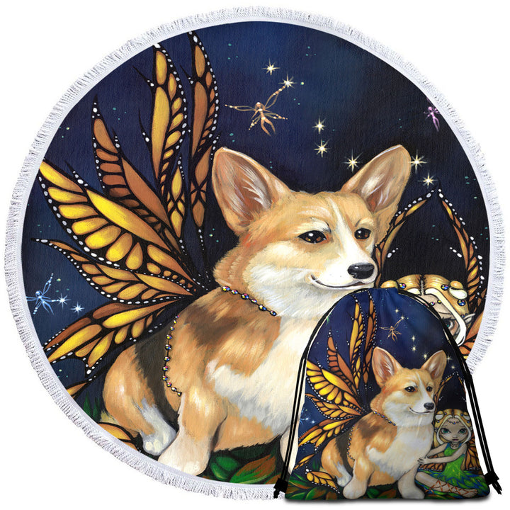 Fantasy Pet Dog Corgi of the Faeries Circle Beach Towel