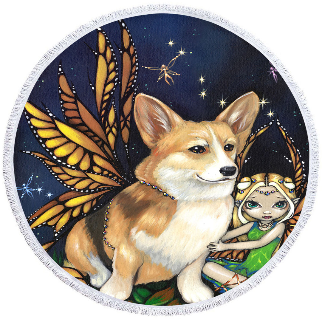 Fantasy Pet Dog Corgi of the Faeries Round Beach Towel