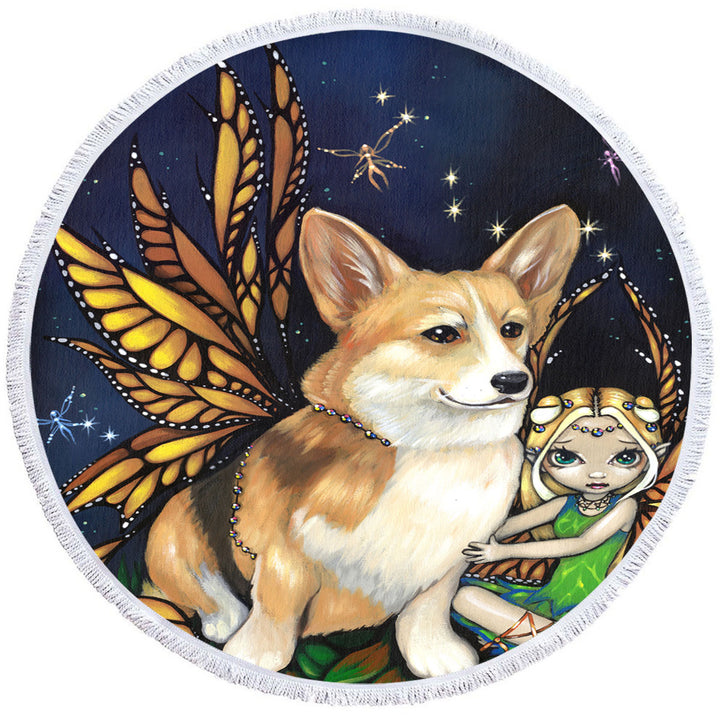 Fantasy Pet Dog Corgi of the Faeries Round Beach Towel