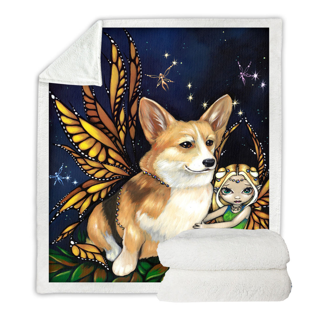 Fantasy Pet Dog Corgi of the Faeries Sherpa Blanket