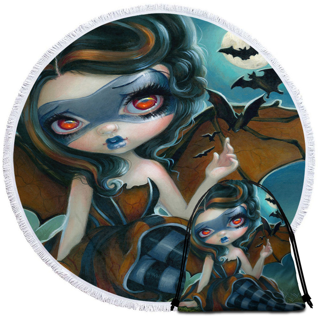 Fantasy Pipistrello Bat Winged Girl and Moon Bats Round Beach Towel